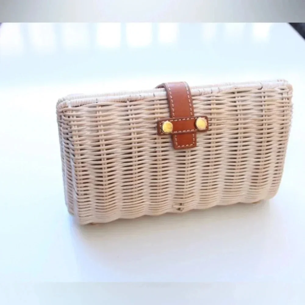 J. McLaughlin Cream Wicker Clutch with Tan Leather Strap